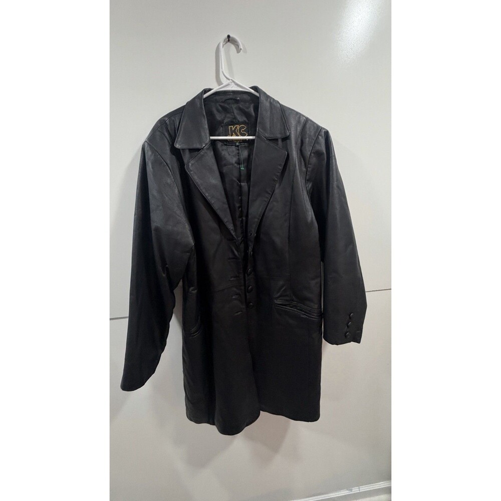 Vintage KC Collections Black Leather Trench Coat Women XL Button Front